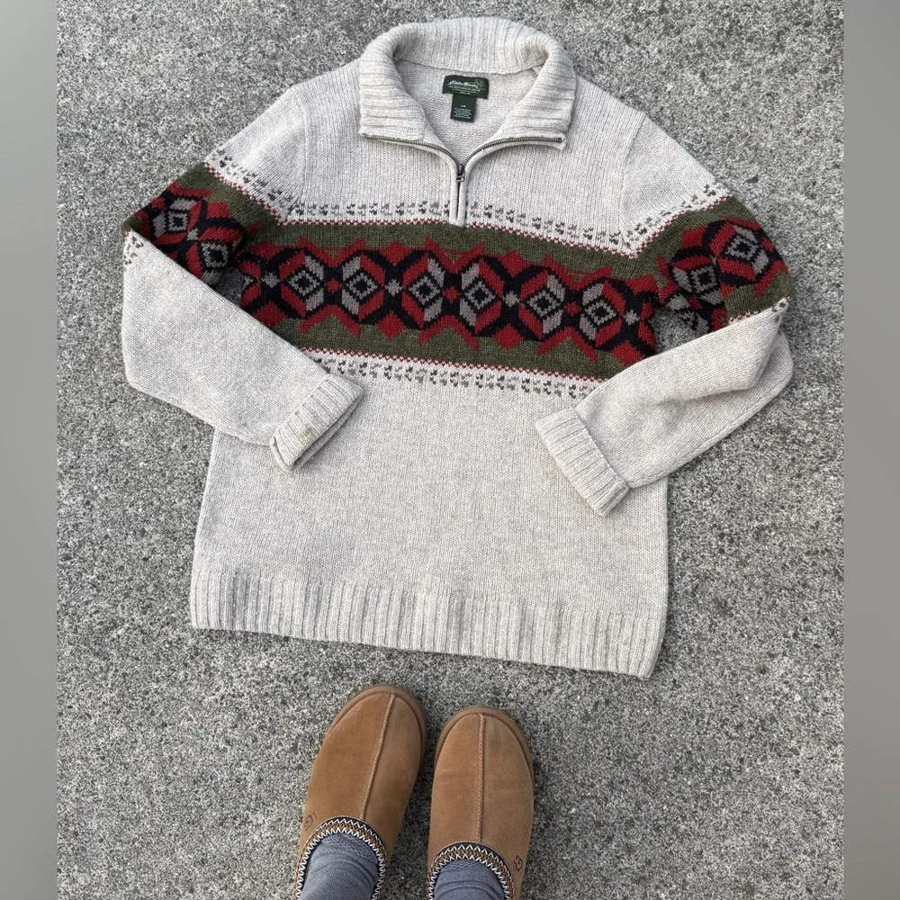 Eddie Bauer Cream Quarter-Zip Wool Blend Sweater - Unisex Size L